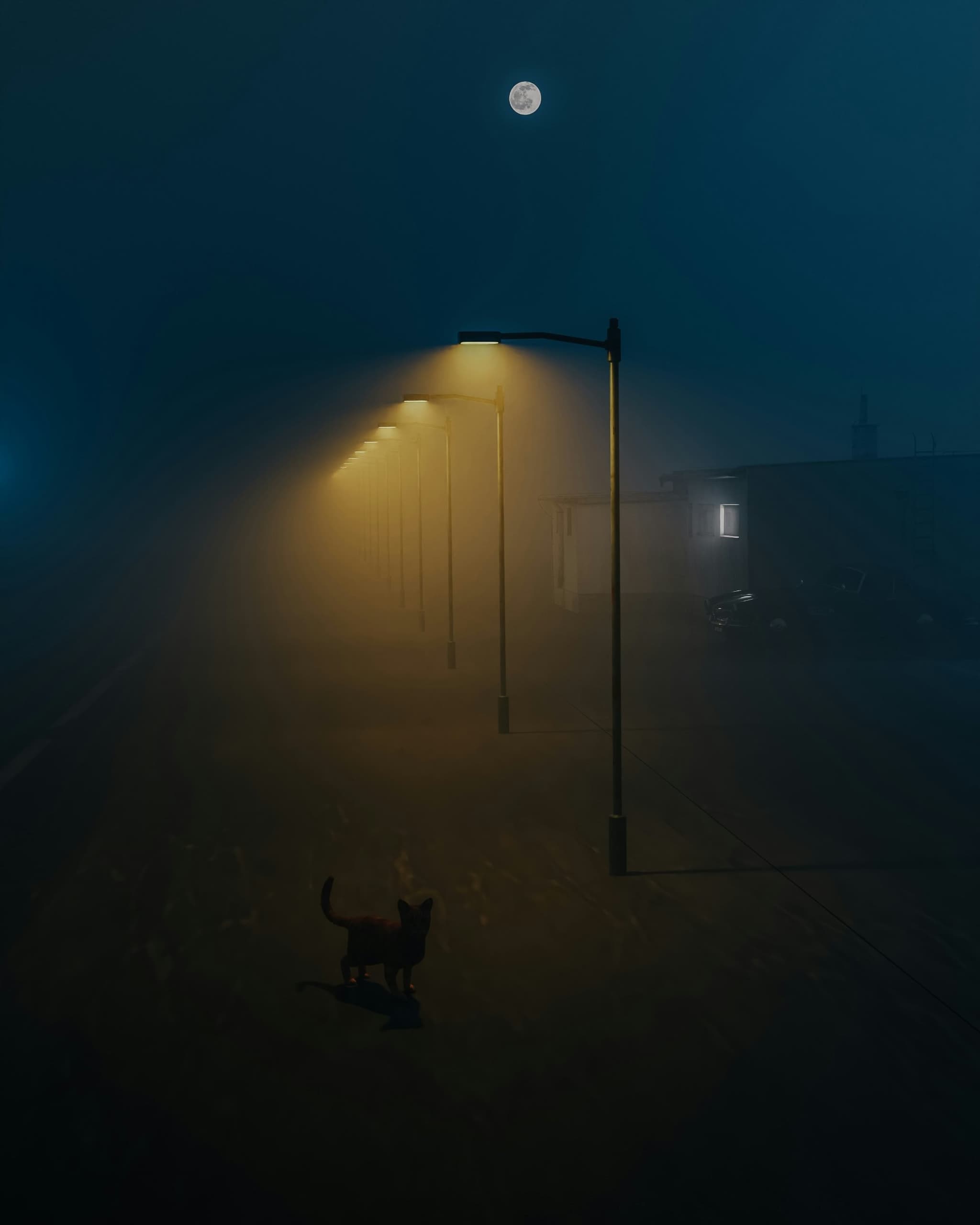 A cat crossing an empty road at night under a line of streetlights in fog, with a full moon above